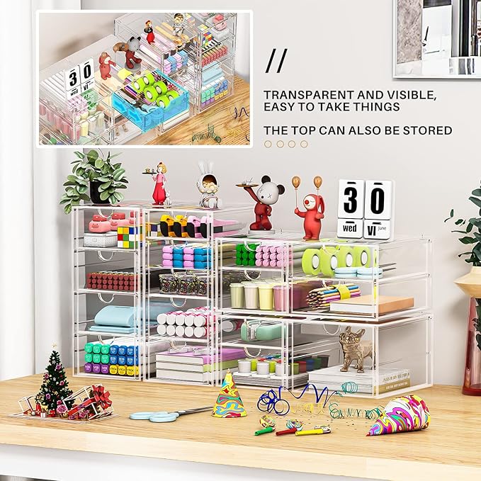 Makeup Organizer Storage with 16 Drawers, 4 Pcs Desktop Office Supplies, Desk Organizers, Clear Accessories, Dustproof Storage Drawer and for Make Up, Jewelry, Pen, Stationary