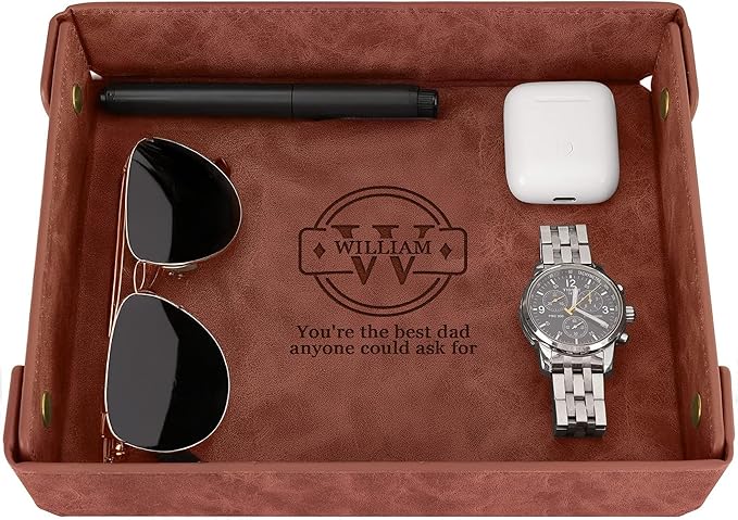Engraved Father’s Day Leather Valet Tray – Personalized Light Coffee Catchall with Custom Name – Men’s Desk Organizer for Keys, Wallet, Watches, and Jewelry – Unique Gift from Daughter or Son