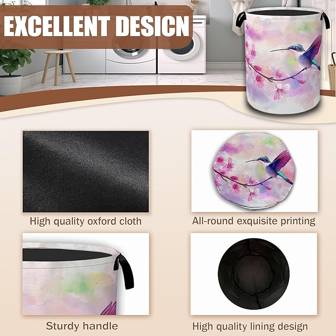 Laundry Basket,Cherry Blossoms and Humming Bird Collapsible Laundry Hamper Waterproof Oxford Cloth With Handles,Storage Bucket Toy Organizer For Bathroom/Bedroom/Nursery,16" x 20.8"
