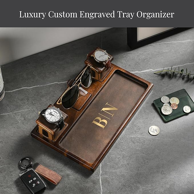 Shanik Wooden Nightstand Organizer – Everyday Carry Docking Station with Watch Holder & Glasses Tray, Personalized Gift for Men or Women