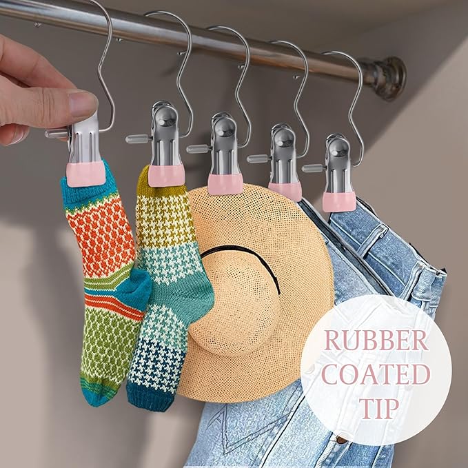 50PCS Space-Saving Clothespin, Portable 360° Rotating Stainless Steel Hanging Hook Clips Towel Clips,Laundry Hooks Hanging Clips with Clips for Home and Travel, Pink