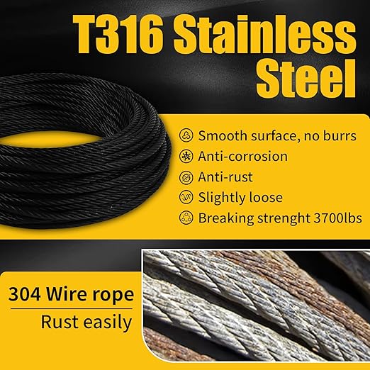 T316 Black 3/16IN Stainless Steel Cable, 100ft Wire Rope, 7X19 Strands Aircraft Cable, 3700lbs Breaking Strength, Zip Line for Heavy Duty Applications, Deck Railing, String Lights & Yard Zipline