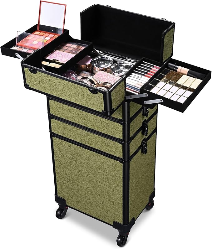 BYOOTIQUE Cosmetology Cases on Wheels Rolling Makeup Organizer Cart 3-Piece Professional Nail Tech Storage Kit for Nail Artist Barber Salon Hairstylist,Rococo Moss