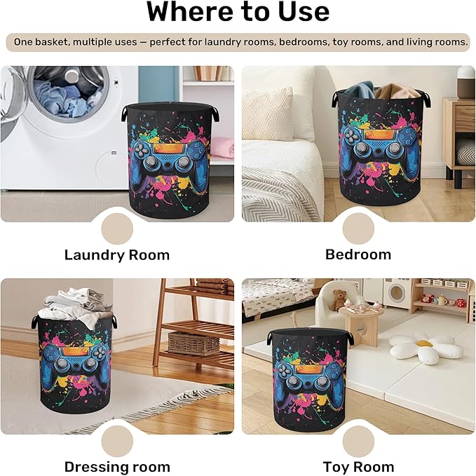 Laundry Basket, Dirty Clothes Basket, Gamers Controller Foldable Canvas Laundry Hamper with Handles - Toy Organizer, Heavy Duty for Home, Bedroom, Dorm, Bathroom