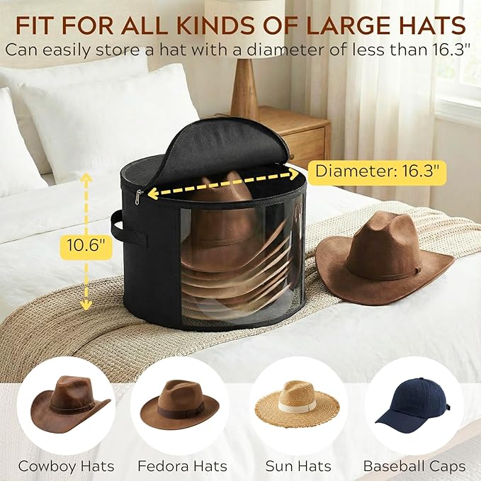 Ofiray-home 2 Pack Large Clear Hat Storage Boxes, Hold up to 7-9 Hats, Hat Organizer for Closet, Sturdy & Foldable, Hat Box with Carrying Handles for Round Brim, Wide-Brim, Cowboy, Sun Hat (Black)