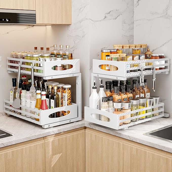 Under Sink Organizer, 2 Tier Under Sink Organizers and Storage, Adjustable Height, Slide out Metal Cabinet Organizers, Pull out Cabinet Storage Drawer Shelf for Kitchen Bathroom 2Pack