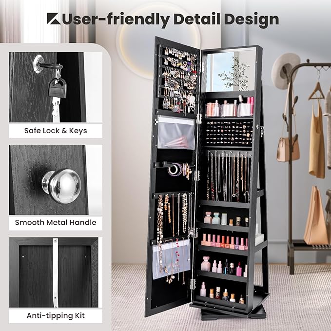 CHARMAID 360° Swivel Jewelry Armoire with Full Length Mirror, Standing Lockable Jewelry Cabinet Organizer, Large Storage Capacity, Inside Makeup Mirror, Back Storage Shelves (Black)