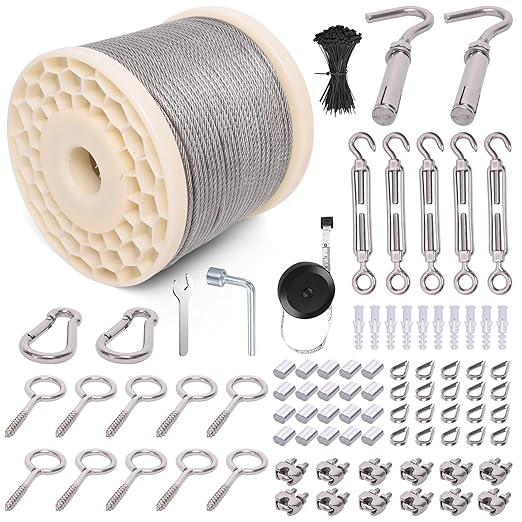 250FT 1/8" Wire Rope Kit, Vinyl Coated 304 Stainless Steel Wire Cable, 7x7 Strands 920LBS Breaking Strength, M5 Turnbuckle for Cable Wire, String Light Hanging Kit for Outdoor, Garden, Clothesline