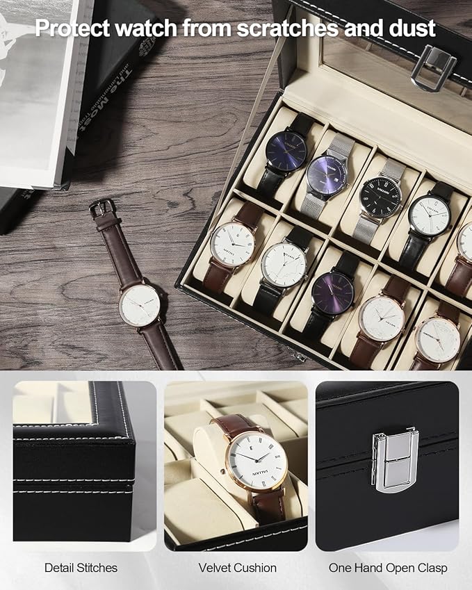 Uten Watch Box, 10 Slots Watch Case, Watch Box Organizer Jewelry Storage with Large Glass Lid, Watch Display Case, Watch Box for Men & Women