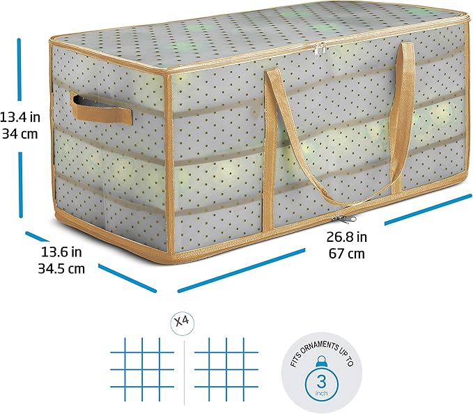ZOBER Christmas Ornament Storage Box Plastic - Stores 128 3" Ornaments with Individual Trays - Ornament Organizer Storage Box, Durable Christmas Containers Holder - Gold