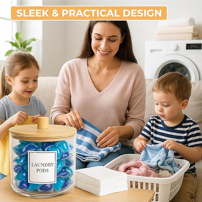 Laundry Pods Containers for Organizing Dryer Sheet Holder & Laundry Jars with Lids, Labels & Scoops - Acrylic Laundry Storage Containers for Powder, Pods, Detergent, Scent Booster