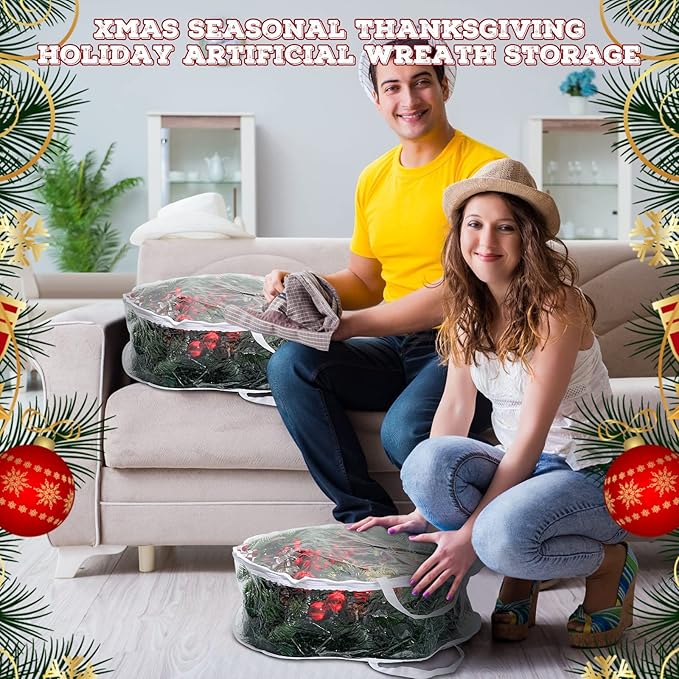 Zhengmy 4 Pack 30" 24" Wreath Storage Container Clear Christmas Wreath Storage Bags with Handle and Dual Zipper Plastic Decorative Garland Protector for Xmas Seasonal Holiday(White)