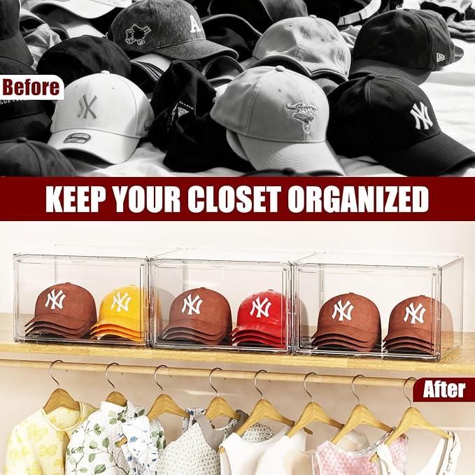 2 Pack Hat Organizer for Baseball Caps, Stackable Hat Storage Box, Acrylic Cap Display Case with Magnetic Door, Cap Holder Container for Closet, Each Holds 10 Hats Clear