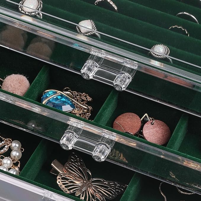 Frebeauty Extra Large Acrylic Jewelry Box for Women 5 Layers Clear Jewelry Organizer Velvet Earring Box with 5 Drawers Rings Display Case Necklaces Holder Tray for Women Girls(Blackish Green)