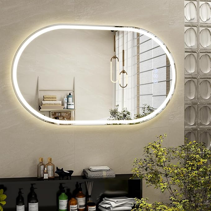 BEAUTYPEAK 40x24 LED Oval Bathroom Mirror with Lights, Anti-Fog, Dimmable, Backlit + Front Lit, Lighted Bathroom Vanity Mirror for Wall, 3 Colors, Memory Function, Tempered Glass, Shatter-Proof