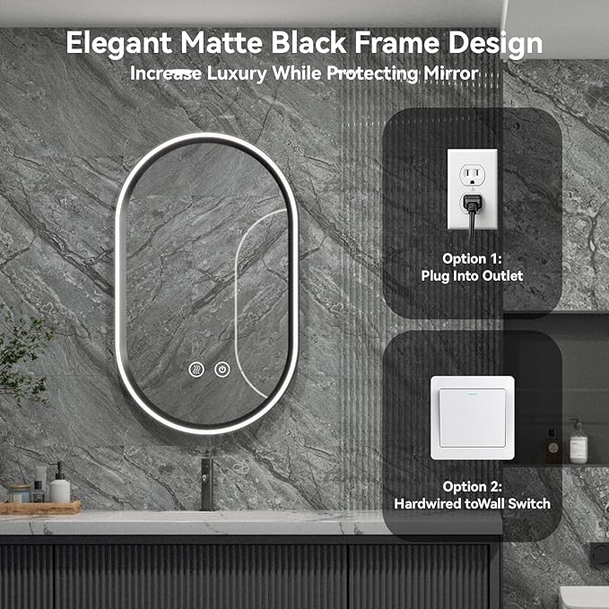 Led Bathroom Mirror with Lights, 20'' x 33'' Oval Heavy Duty Aluminum Frame Bathroom Vanity Mirror with Lights, 3 Colors, Brightness Stepless Dimmable, Anti-Fog, Memory Function, Single LED Black