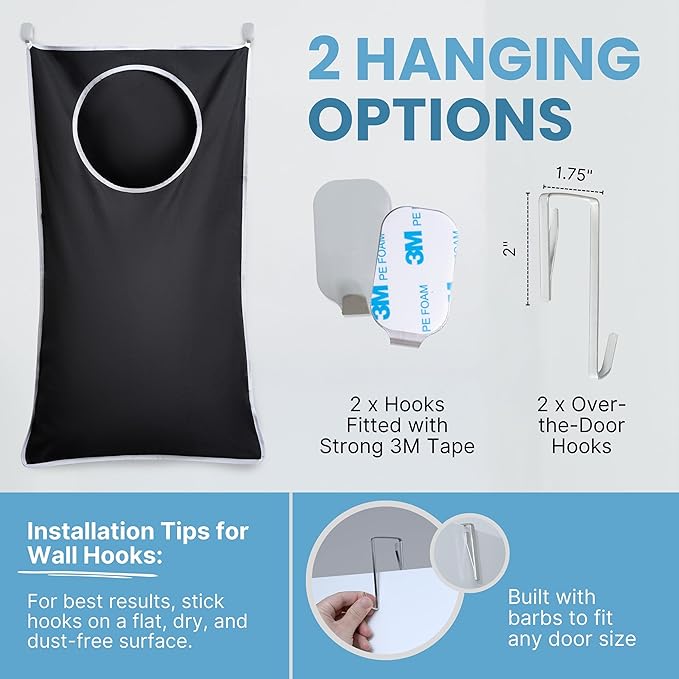 Hanging Laundry Hamper Bag XL 40x22", Space Saving over the Door Storage Bags, Behind the Door Hampers for Dirty Clothes & Wall Mounted Basket for Bathroom (1, Black)