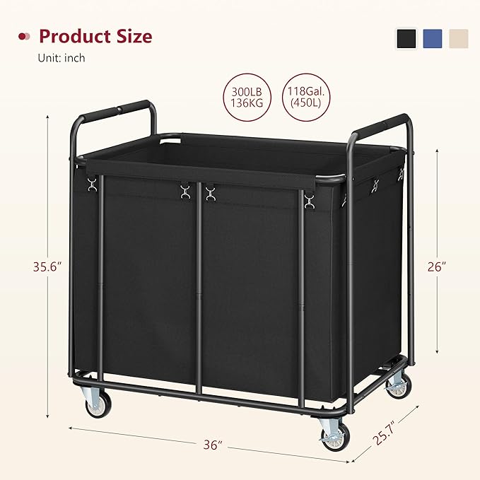 Tajsoon Rolling Laundry Hamper, 450L Extra Large Laundry Basket with Wheels, Heavy Duty Laundry Cart with Metal Frame, Commercial Laundry Cart for Laundry Storage, Hotel, Bathroom, Bedroom, Black