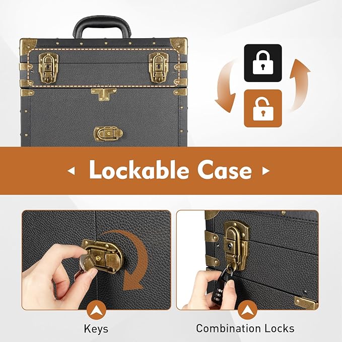 Rolling Lockable Makeup Train Case,Large Cosmetic Organizer Train Case Makeup Travel Case with 360° Swivel Wheels, Trolley Makeup Travel Organizer,Black