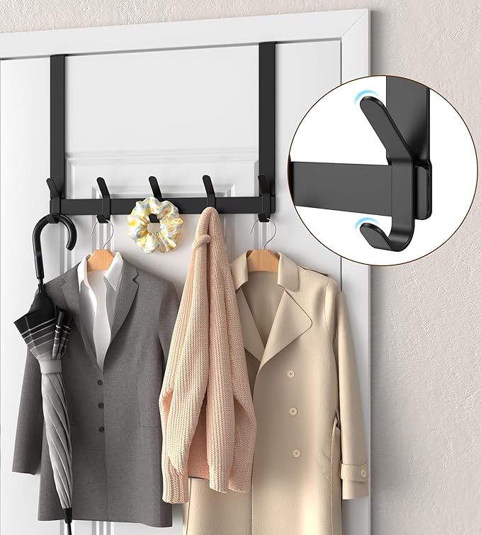 KitchLife Over The Door Hooks Hanger with 15.75 inches Extended Arms, Fit for 1-3/8" Doors, J40U, Thickened Bathroom Towel Rack Organization, 1 Pack Double-Hook, Matte Black