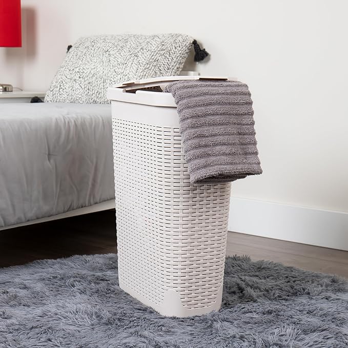 Mind Reader 40L Slim Laundry Hamper, Clothes Basket, Lid, Premium Wicker Design, Plastic, Set of 3, Ivory