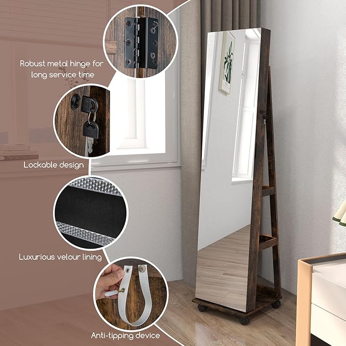 GOFLAME Jewelry Cabinet with Full Length Mirror, Lockable Jewelry Storage Organizer with Wheels, 3-Color LED Lights, Inner Mirror, Freestanding Jewelry Armoire with Rear Storage Shelves, Rustic Brown