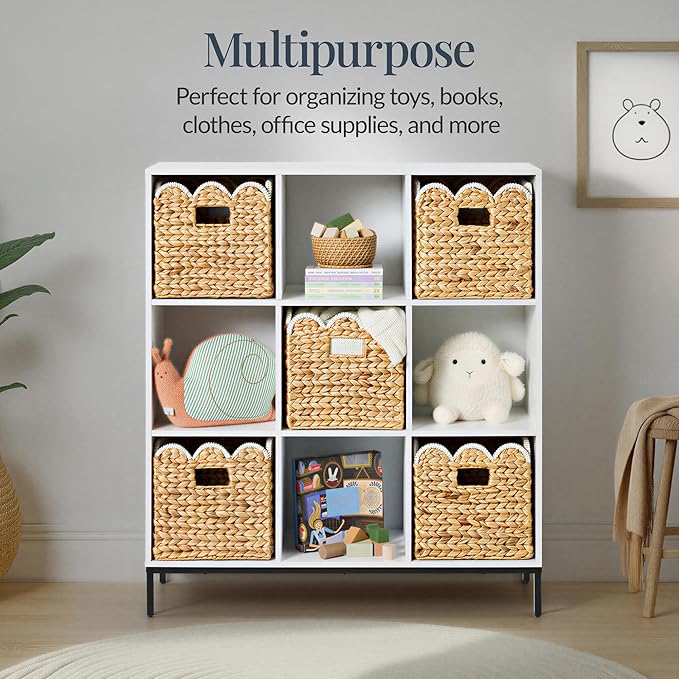 Best Choice Products 13 x 13in Scalloped Hyacinth Baskets, Rustic Set Of 5 Multipurpose Collapsible Storage Organizer, Handwoven Laundry Totes for Bedroom, Living Room, Shelves - Natural w/White Trim