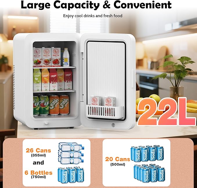 13L/22L Mini Fridge for Bedroom, Personal Small Refrigerator for Skin Care, Cosmetics, 110V/12V Portable Refrigerator Cooler & Warmer for Drinks, Food, Beauty, Makeup, Dorm, Car, Office