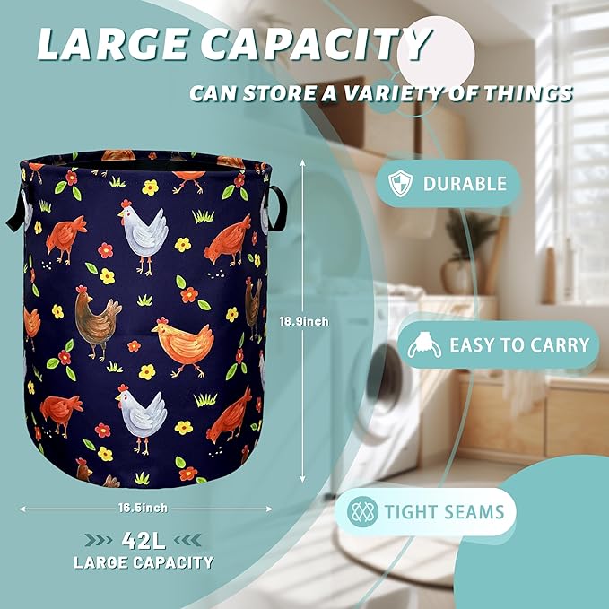 Cute Roosters Chicken Laundry Basket With Handles Oxford Cloth Tote Bag Animal Laundry Hamper18.9"x16.5 "Foldable Clothe Storage Bucket Toy Organizer For Bathroom/Laundry/Bedroom