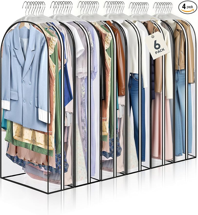 4 pcs 60" Garment Bags for Hanging Clothes, Clear Suit Bags for Closet Storage Clothing Storage, Garment Bags for Travel Covers with 10" Gussets for Coats, Jackets, Shirts and Sweater