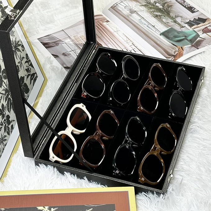 Wudygirl Jewelry and Sunglass Organizer - 8 Slot Storage With Clear Lid, Leather Eyeglasses Display for Women and Men (8 Grid)
