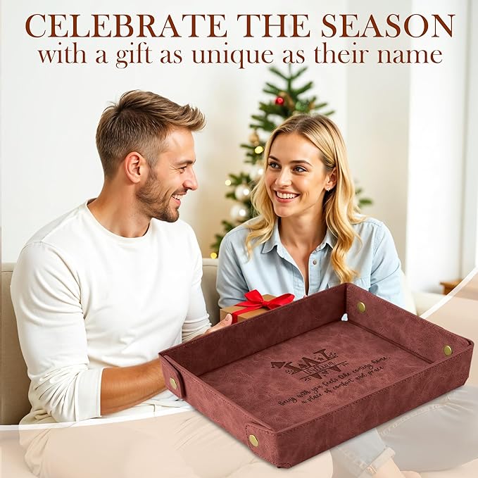 Engraved Christmas Light Coffee Leather Valet Tray – Personalized Rectangle Catchall Organizer for Wallet, Keys & Jewelry – Gift for Men, Dad, Couples – Dresser Top or Coffee Table Decor