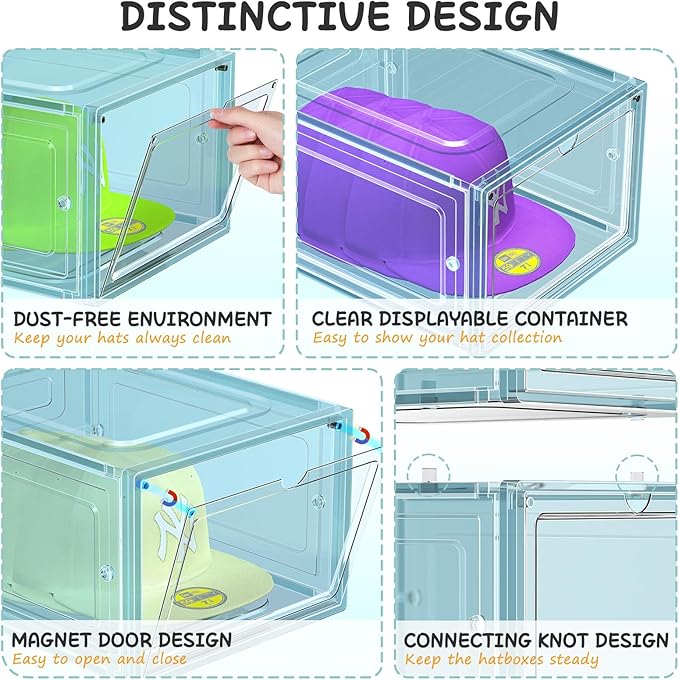 6 Pack Hat Organizer Box, Stackable Clear Baseball Caps Holder Box Containers with Magnetic Door for Hats Snapback Cap Storag, Hat Rack Display Case, Holds 8 Hats Each (Blue)