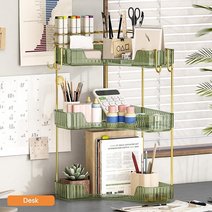 3-Tier Corner Bathroom Counter Organizer，Makeup & Skincare Shelf with Built-in Brush Holder，Space-Saving Bathroom Countertop Organizer for Skincare, Perfume, Cosmetics(Green)