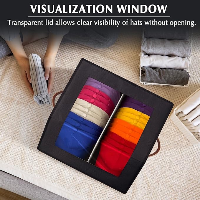 2-in-1 Hat Organizer for Baseball Caps Holds 48-60 Hats Holder for Closet with Clear lid Stackable Hat Storage with Adjustable Space Cowboy Hat Box for Men Women 2 PCS Black and Grey