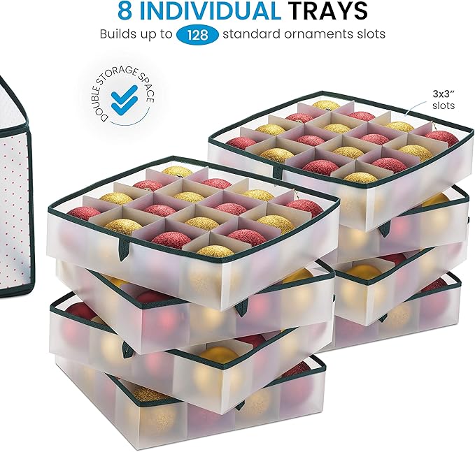 ZOBER Christmas Ornament Storage Box Plastic - Stores 128 3" Ornaments with Individual Trays - Ornament Organizer Storage Box, Durable Christmas Containers Holder - Green