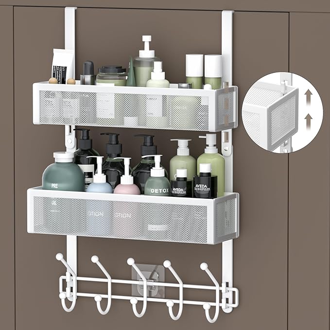 Adjustable Over The Door Hooks Organizer, Door Hanger Coat Rack with 2 Mesh Baskets and 10 Hooks, Back of Door Storage Organizer for Bedroom,Bathroom,Kitchen (White)
