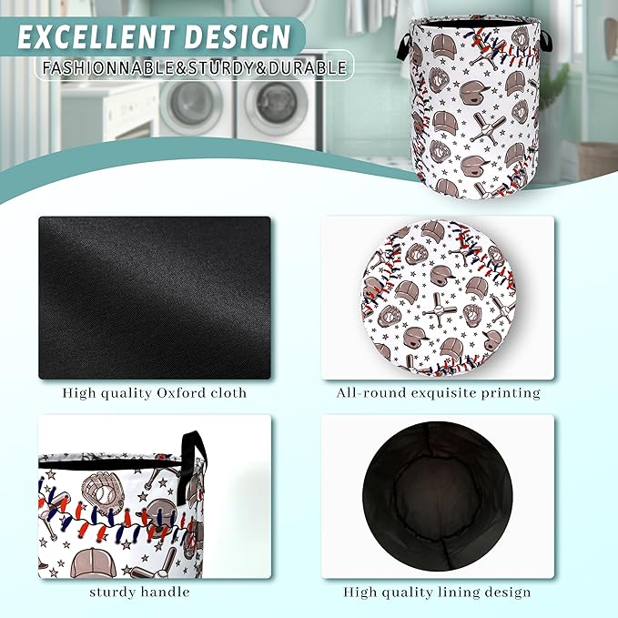 Retro Baseball Laundry Hamper Foldable With Handles Sports Theme Tote Bag Oxford Cloth Funny Laundry Basket Clothes Toy Storage Bucket 18.9"x16.5"For Bathroom/Laundry/Bedroom