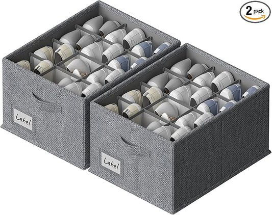 FHSQX 2 Pack Shoe Organizer for Closet,Fits up to 24 Pairs,Fabric Shoe Storage Bins,Large Shoe Box Storage Containers with Bottom Support for Shoes (Dark Gray, (16.5 * 12.6 * 9.5) x1)