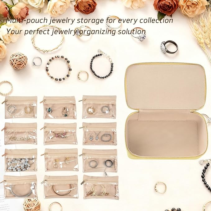 Travel Jewelry Box,Jewelry Travel Organizer for Women, Travel Jewelry Case with 12pcs Velvet Jewelry Pouches for Necklaces Rings Earrings Sorting Storage(yellow