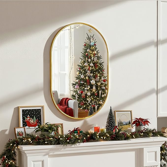 Oval Bathroom Mirror for Wall, 20"x30" Bathroom Vanity Mirror for Over Sink, Bedroom, Living Room, Entryway, Metal Frame & HD Shatterproof Glass, Wall Mounted Horizontally or Vertically (Gold)