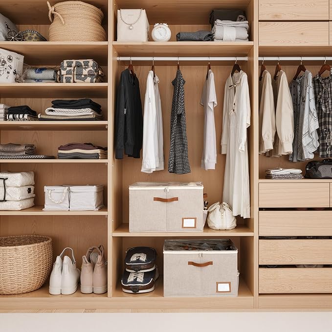 StorageWorks Shoe Oragnizer for Closet, 2 Pack Shoe Storage Cubes Holds Up to 16 Pairs, Space Saving Storage Boxes with Lid and Hanldes, Taupe