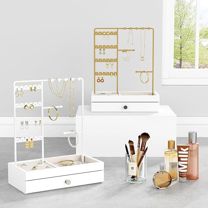 White Jewelry Organizer Stand Stud Earring Holder, Necklace Display Stand with Drawer, Jewelry Tower Tree for Bracelets Rings, Birthday Valentines Day Gifts for Her Teen Girls Women Wife