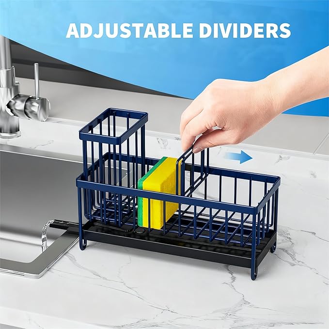 Cisily Sponge Holder for Kitchen Sink, Sink Caddy Organizer with High Brush Holder, Kitchen Countertop Organizers and Storage Essentials, Rustproof 304 Stainless Steel (Navy Blue, 9.25″)