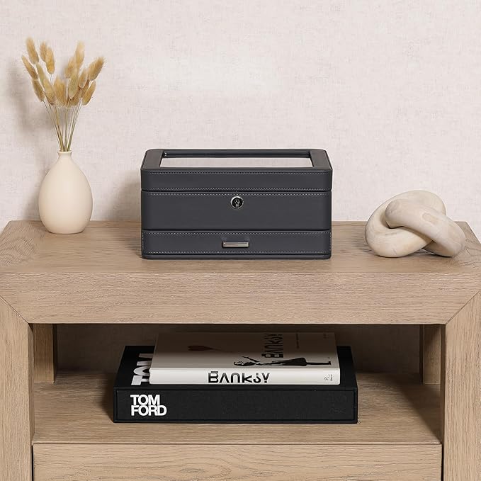 ROTHWELL 8 Slot Leather Watch Box with Valet Drawer - Luxury Case Display Jewelry Organizer, Locking Display Case Holder with Real Glass Top - Watch Box Organizer for Men & Women (Carbon)