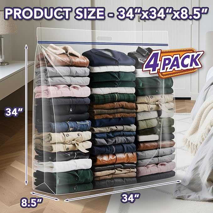 Extra Large Wreath Storage Bag, 34"x34"x8.5", Clear Storage Bag with Handle, Summer Christmas Decoration Garland Container for Seasonal Thanksgiving Holiday Artificial Wreath, 4 Pack