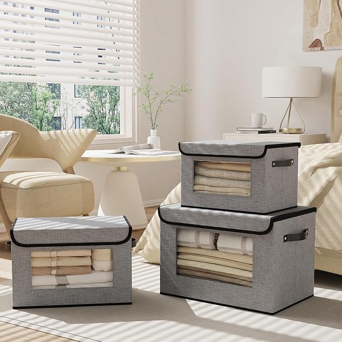 Foldable Storage Baskets with Lids, Fabric Closet Organizers with Handles, 13 x 9.1 x 7.9 Inch Storage Boxes for Shelves, Gray, 5-Pack