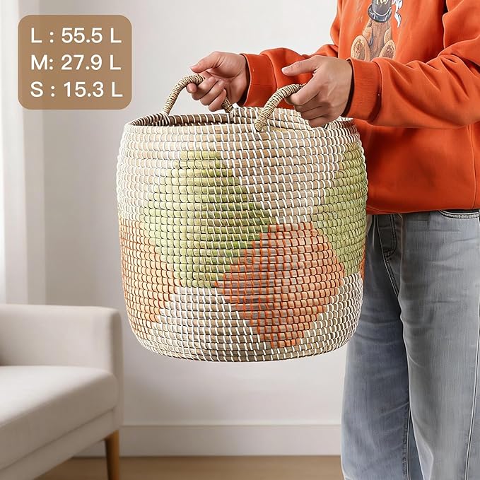 Laundry Basket, 3 Pack Seagrass Baskets, Handwoven Woven Laundry Hamper with Handles, 56L, 28L, 15L for Decor Storage of Dirty Clothes,Toys and Blankets in Bathroom, Nursery, Living Room