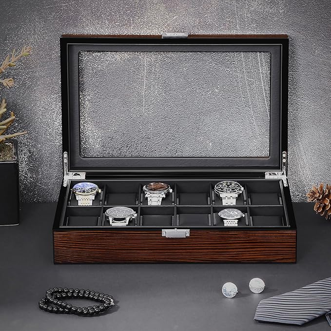 BEWISHOME Watch Case, 12-Slot Watch Box with Large Glass Lid, Wooden Watch Box Organizer for Men, Watch Storage with Removable Watch Pillows, Synthetic Leather Interior, Brown SSH12Y
