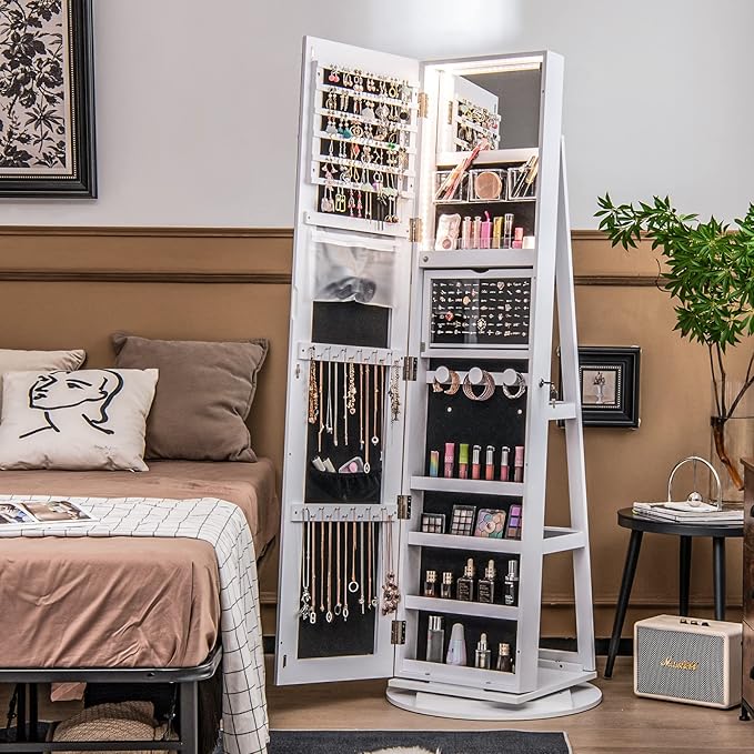CHARMAID 360° Swivel Jewelry Armoire with Full Length Mirror, Rear Storage Shelves, Lockable Standing Jewelry Cabinet Organizer with Interior Vanity Mirror and 3-Color Lights (White)